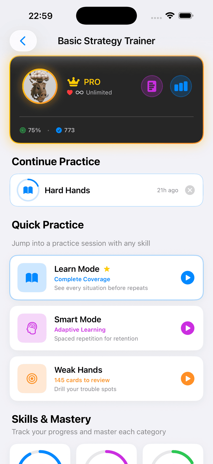 Basic Strategy Trainer Menu